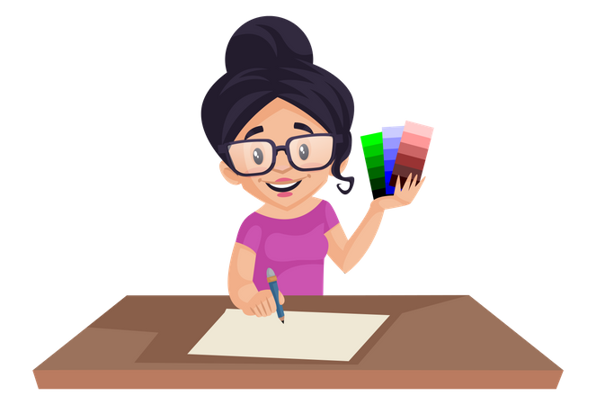 Girl holding color shaded in her hand while drawing  Illustration