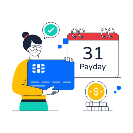 Girl holding credit card and check payday  Illustration