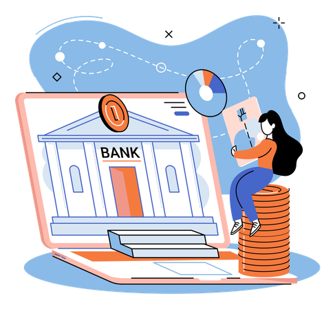 Girl holding credit card while doing online transaction  Illustration