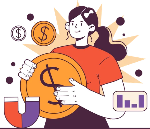 Girl holding dollar while doing financial analysis  Illustration