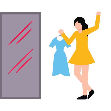Girl holding dress and looking in mirror  Illustration