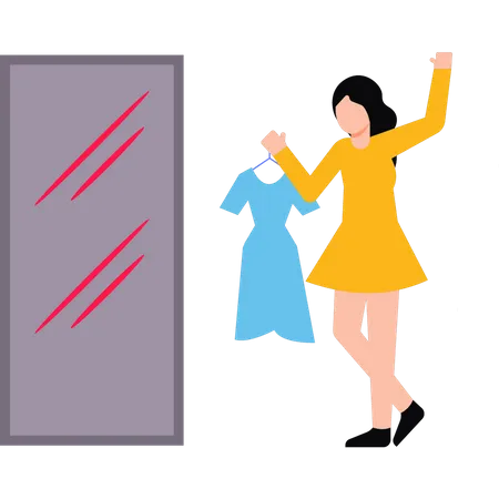 Girl holding dress and looking in mirror  Illustration