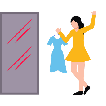 Girl holding dress and looking in mirror  Illustration