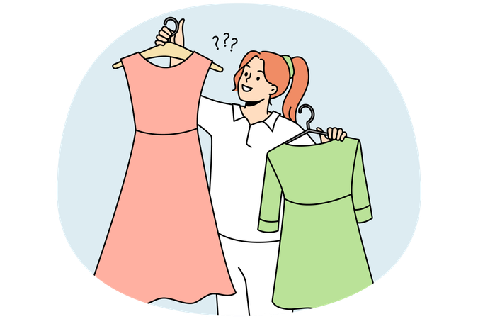 Girl holding dresses on hangers choosing garment in shop  Illustration