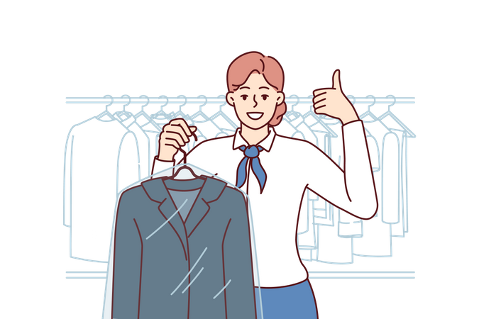 Girl holding dry-cleaned suit  Illustration