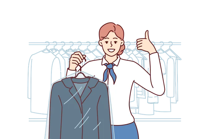 Girl holding dry-cleaned suit  Illustration