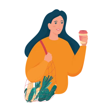 Girl Holding Eco String Bag And Reusable Coffee Cup Eco Friendly And Zero Waste Concept Isolated Flat Vector Illustration 일러스트레이션