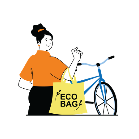Girl holding eco bag with bicycle  일러스트레이션