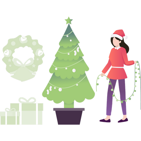Girl holding fairy lights for Christmas tree  Illustration