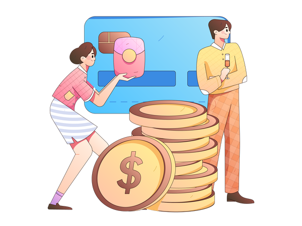 Girl holding financial envelope while man standing with wine glass  Illustration