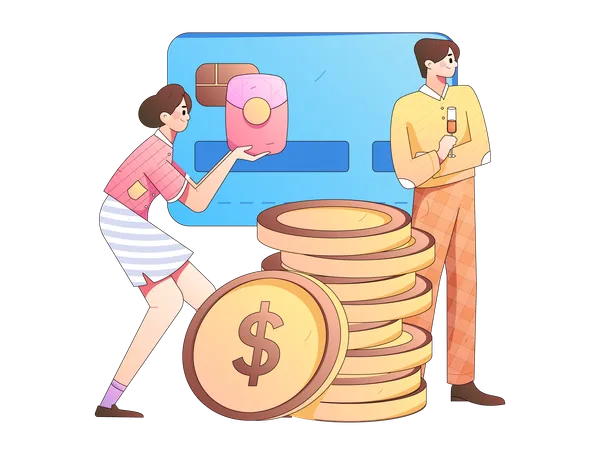 Girl holding financial envelope while man standing with wine glass  Illustration