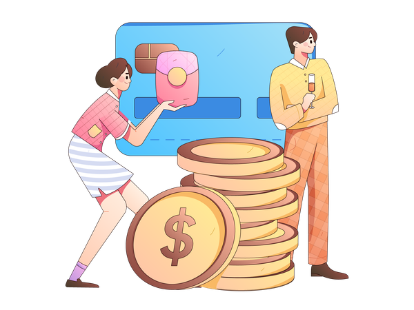 Girl holding financial envelope while man standing with wine glass  Illustration