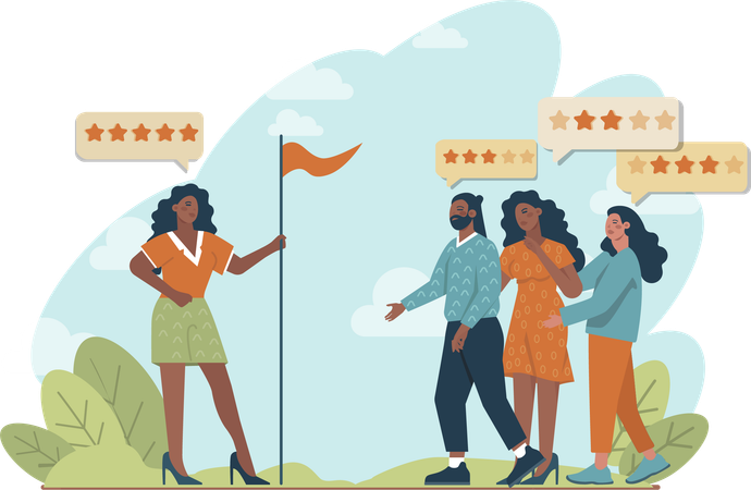 Girl holding flag while getting five stars rating  Illustration