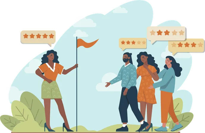 Girl holding flag while getting five stars rating  Illustration