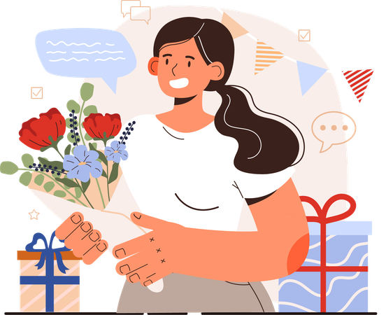 Girl holding flower bouquet while Congradulation etiquette  Illustration