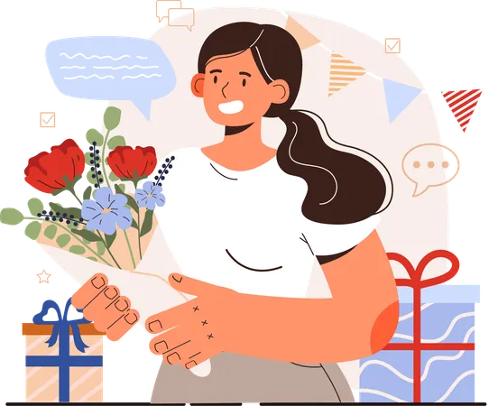 Girl holding flower bouquet while Congradulation etiquette  Illustration