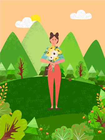 Girl Holding Flower  Illustration