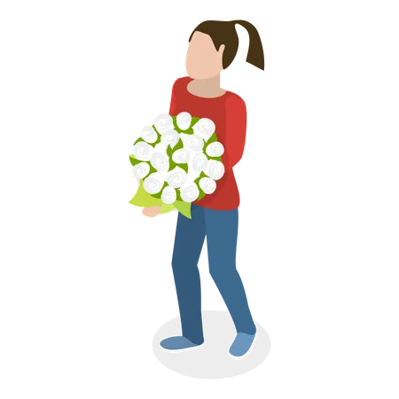 3 D Isometric Flat Vector Set Of Bouquets Happy Women Holding Flowers Item 4 Illustration