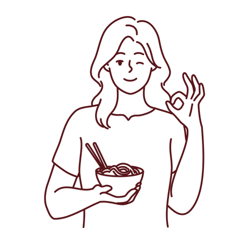 Girl holding food bowl and showing nice gesture  Illustration