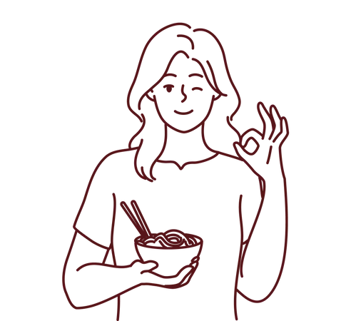 Girl holding food bowl and showing nice gesture  Illustration