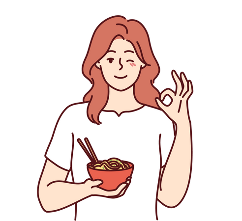 Girl holding food bowl and showing nice gesture  Illustration