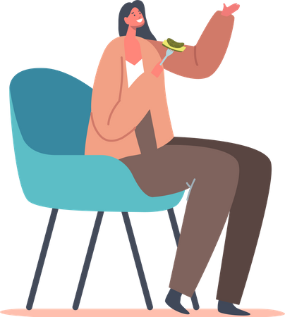 Girl Holding Fork with Piece of Cucumber in Hands Illustration