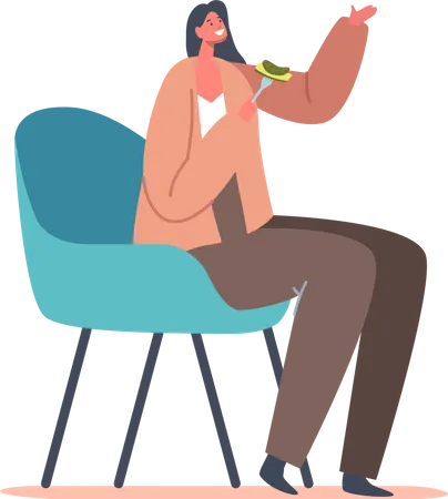 Girl Holding Fork with Piece of Cucumber in Hands Illustration