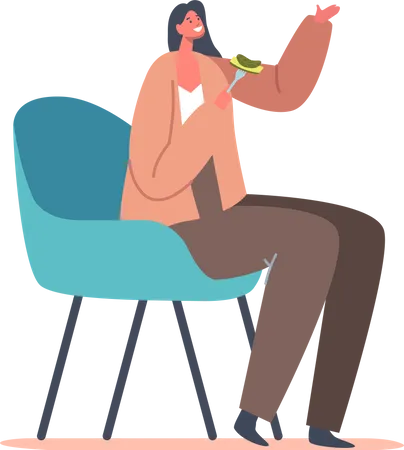 Girl Holding Fork with Piece of Cucumber in Hands  Illustration