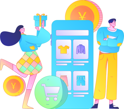 Girl holding gift while Boy doing online shopping  Illustration