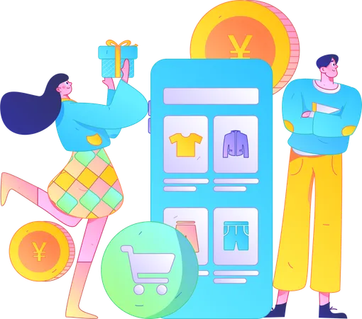 Girl holding gift while Boy doing online shopping  Illustration