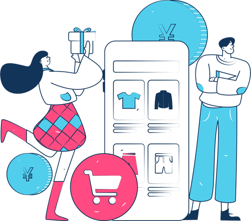 Girl Holding Gift While Boy Doing Online Shopping  Illustration