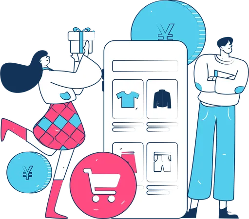 Girl Holding Gift While Boy Doing Online Shopping  Illustration