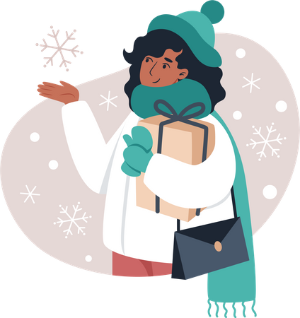 Girl holding gift while catches snowflakes with her hand  Illustration