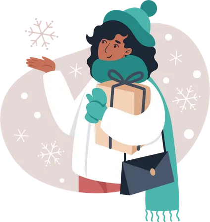 Girl holding gift while catches snowflakes with her hand  Illustration