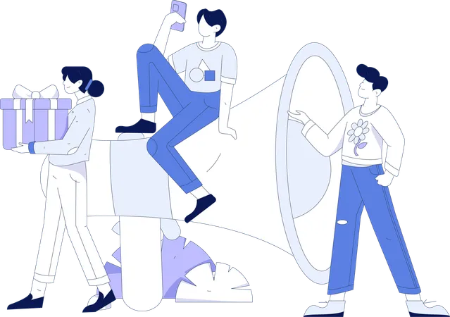 Girl holding gift while man showing megaphone  Illustration