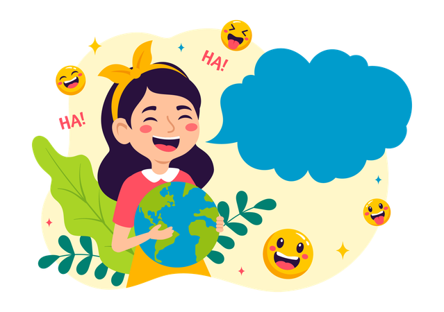 Girl holding globe and laughing  Illustration