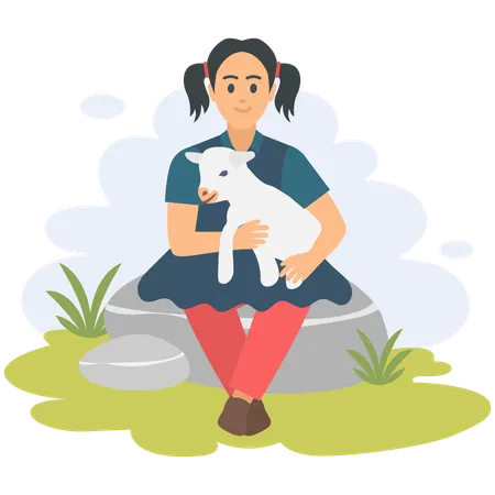 Girl holding goat  Illustration