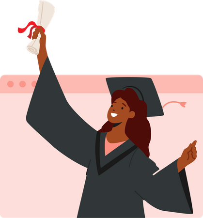 Girl holding graduation degree and celebrate graduation virtually Illustration