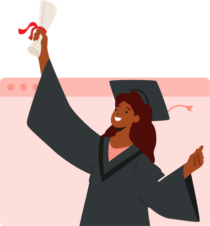 Girl holding graduation degree and celebrate graduation virtually  イラスト