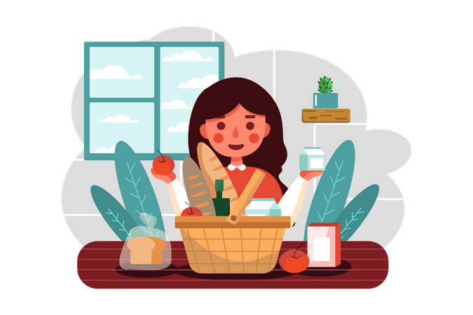 Girl holding groceries  Illustration