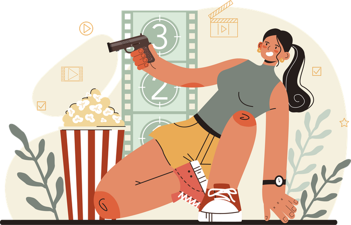 Girl holding gun in action movie  Illustration