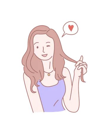 Girl holding hair blinking her one eye to give love signal  イラスト