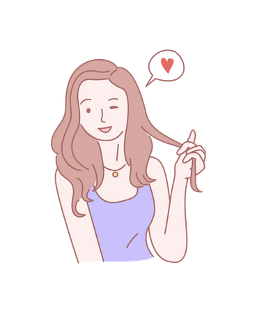 Girl holding hair blinking her one eye to give love signal  Illustration