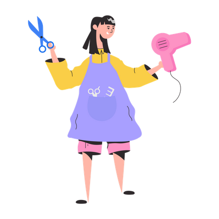 Girl holding hair dryer and scissor  Illustration