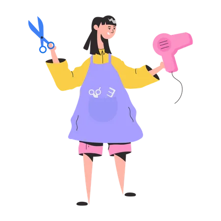 Girl holding hair dryer and scissor  イラスト