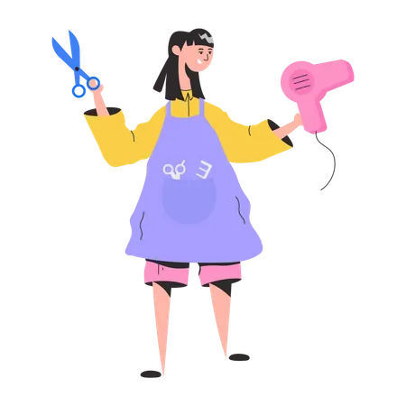 Girl holding hair dryer and scissor  Illustration