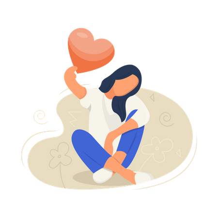 Girl holding heart balloon Illustration