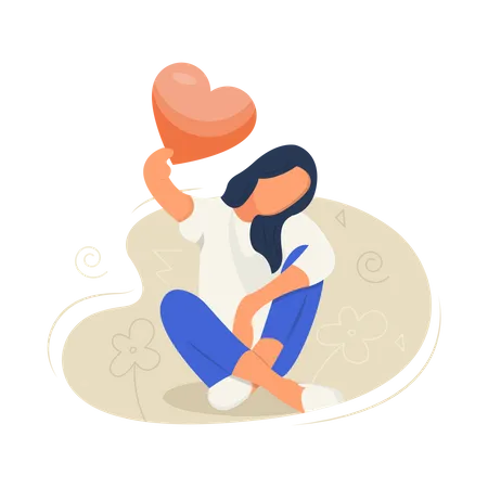 Girl holding heart balloon Illustration