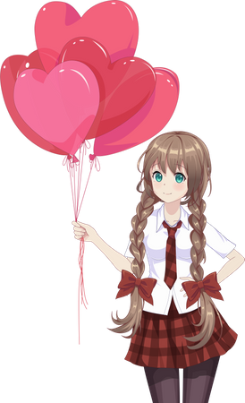 Girl holding heart shaped balloons Illustration