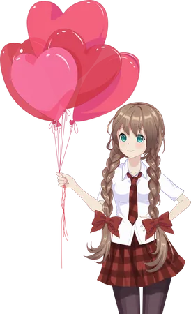 Girl holding heart shaped balloons  Illustration